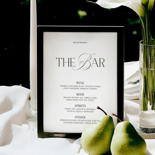 Menu de bar de mariage élégant noir et blanc