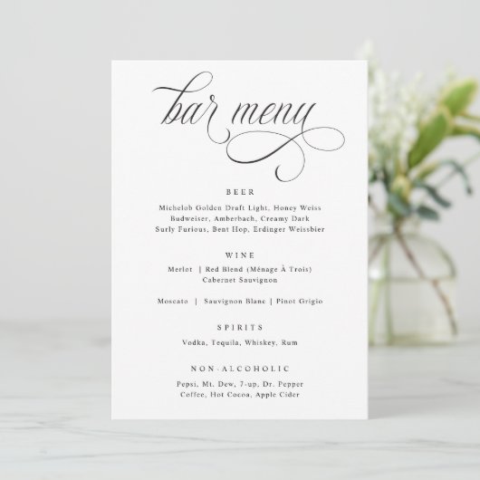 Menu de bar de mariage luxueux en calligraphie élé (Debout devant)