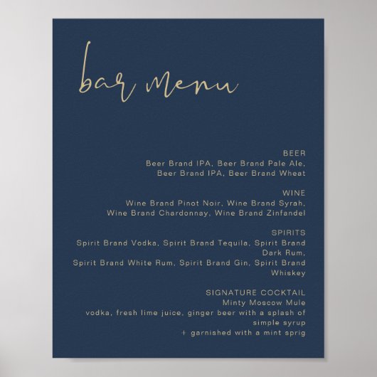 Menu de bar de mariage Navy et Or Poster CAITLIN (Devant)