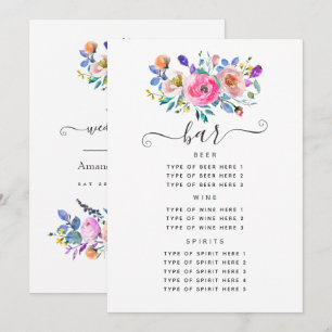 Menu de bar de mariage vintage à fleurs rose chaud