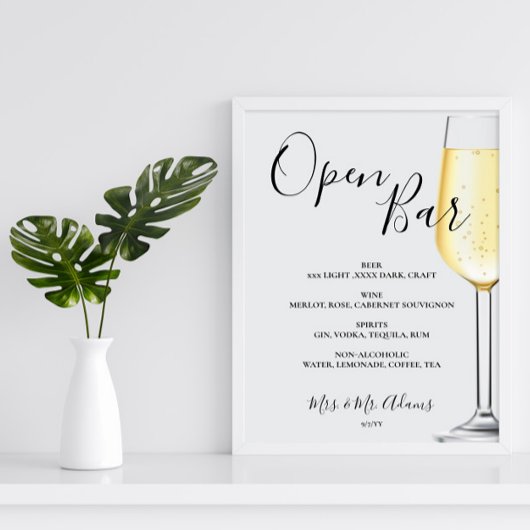 Menu de bar ouvert pancarte de mariage Affiche