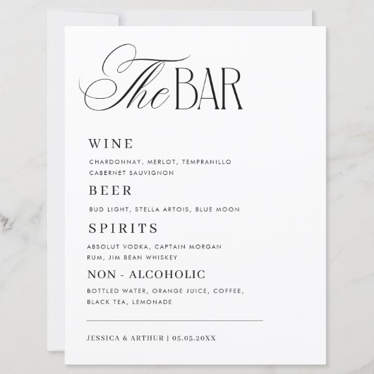 Menu de boissons de bar de mariage élégant et luxu (Devant)