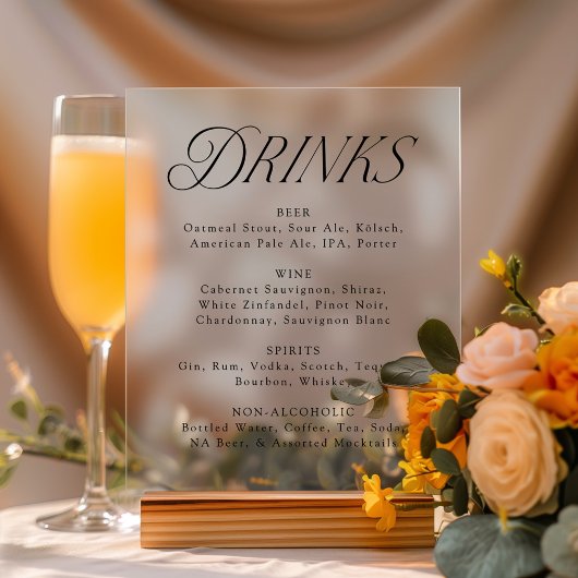 Menu de boissons de mariage à la typographie noire