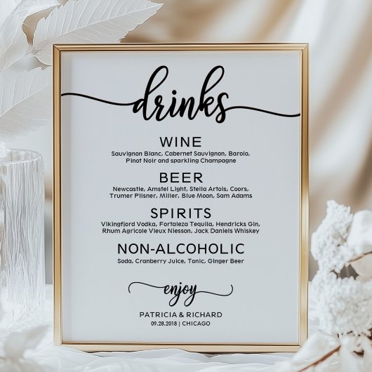 Menu de Boissons de Mariage Affiche Calligraphie N