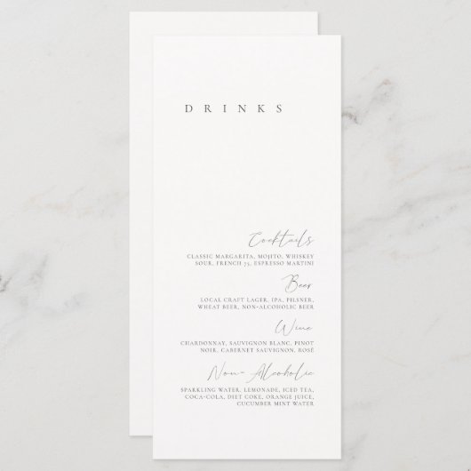 Menu de boissons de mariage minimal élégant noir e (Devant / Derrière)