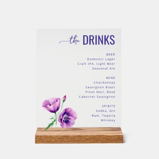Menu de boissons floral violet élégant (Recto)