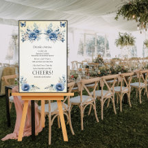 Menu de boissons modernes aux fleurs bleues et aux