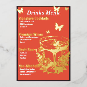 Menu de boissons rose orange doré à feuilles