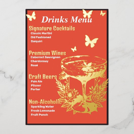 Menu de boissons rose orange doré à feuilles (Recto)