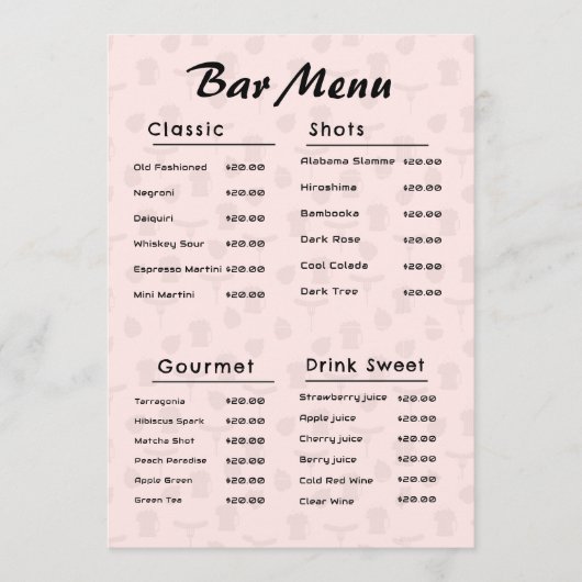 Menu de boissons simple rose (Devant)