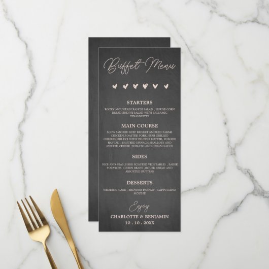Menu de buffet de mariage en charbon rustique noir (Devant/Arrière en situation)