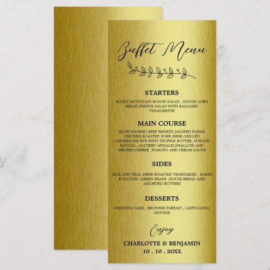 Menu de buffet de mariage en métal doré (Devant / Derrière)