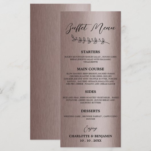 Menu de buffet de mariage marron métallique (Devant / Derrière)