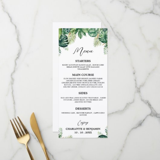 Menu de buffet de mariage Tropical Leaf (Devant/Arrière en situation)