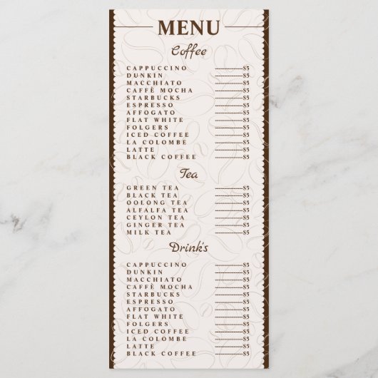 Menu de café, boissons et thés personnalisés (Dos)