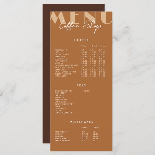 Menu de café minimaliste moderne (Devant / Derrière)