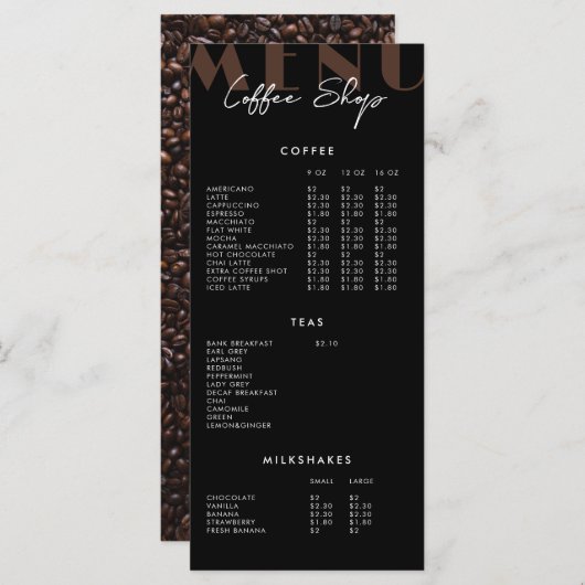 Menu de café minimaliste moderne noir (Devant / Derrière)