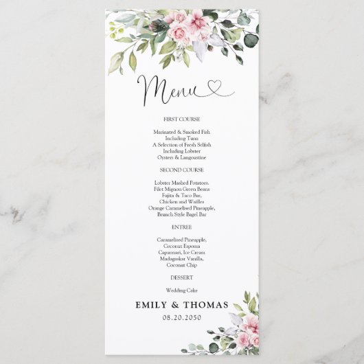 Menu de cérémonie Mariage vert rose pâle (Devant)