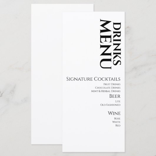Menu de cocktail de boissons simples pour mariage (Devant / Derrière)