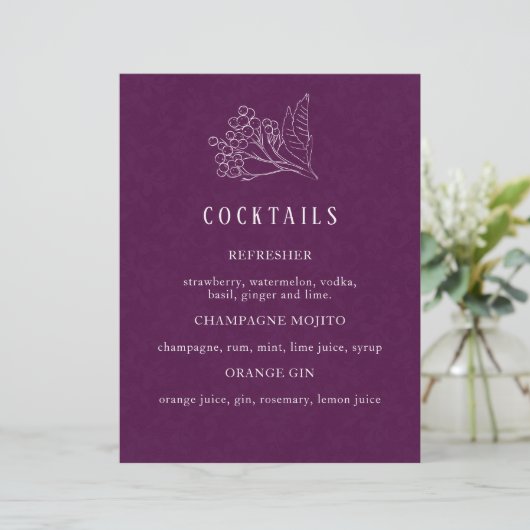 Menu de cocktails Mariage moderne violet (Debout devant)
