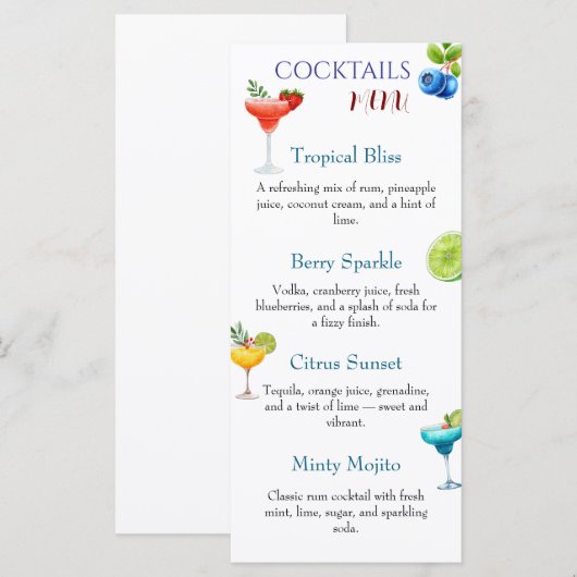 Menu de cocktails saisonniers avec fraise à l'aqua (Devant / Derrière)
