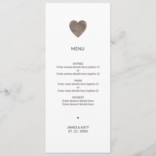 Menu de coeur de bois rustique mariage (Devant)