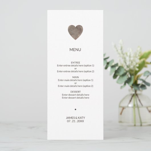 Menu de coeur de bois rustique mariage (Debout devant)