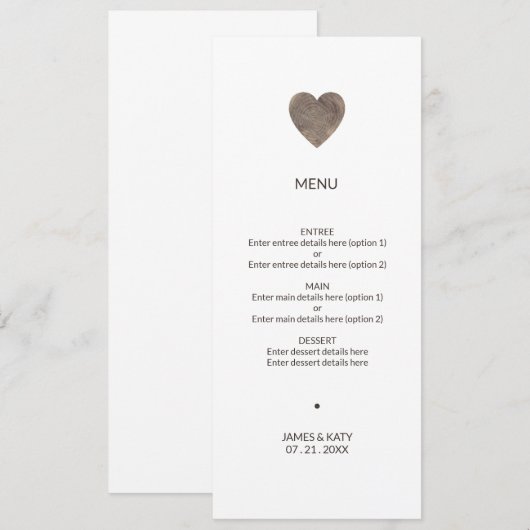 Menu de coeur de bois rustique mariage (Devant / Derrière)