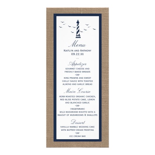 Menu de collection Mariage de Burlap pour phare na (Devant)