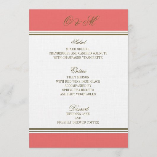 Menu de corail de mariage de rayure simple (Devant)