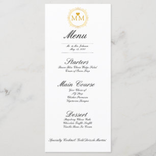 Menu de dîner à monogramme cœur doré de mariage ro