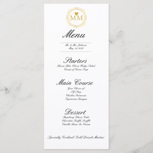 Menu de dîner à monogramme cœur doré de mariage ro (Devant)