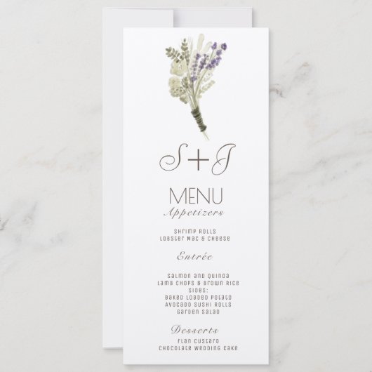 Menu de dîner Bouquet rustique à l'aquarelle lavan (Devant)