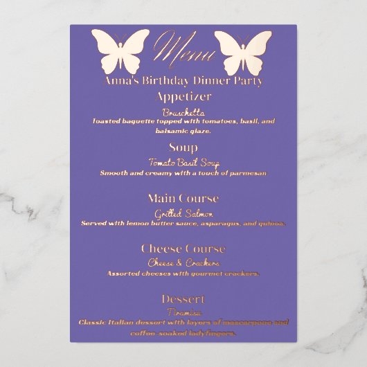 Menu de dîner d'anniversaire sur le thème du papil (Recto)