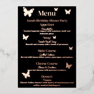 Menu de dîner d'anniversaire sur le thème du papil