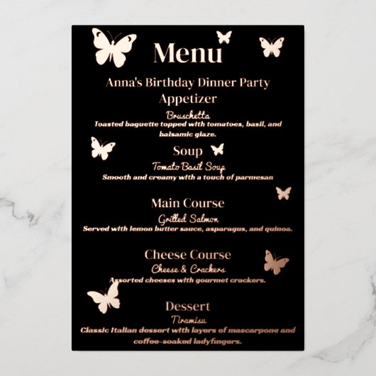 Menu de dîner d'anniversaire sur le thème du papil (Recto)