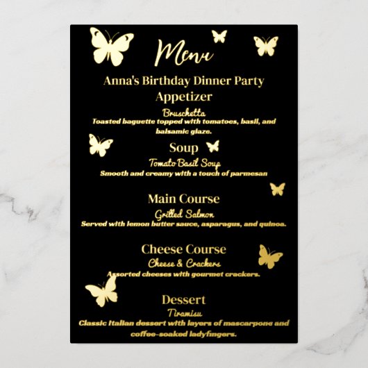 Menu de dîner d'anniversaire sur le thème du papil (Recto)