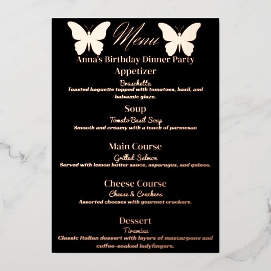 Menu de dîner d'anniversaire sur le thème du papil (Recto)