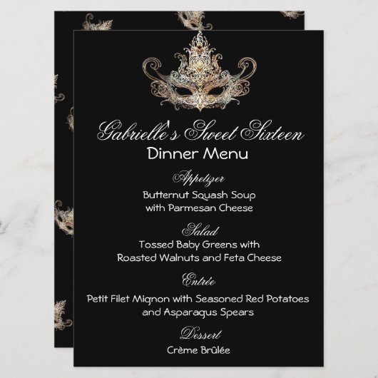 Menu de dîner de boule de mascarade (Devant / Derrière)