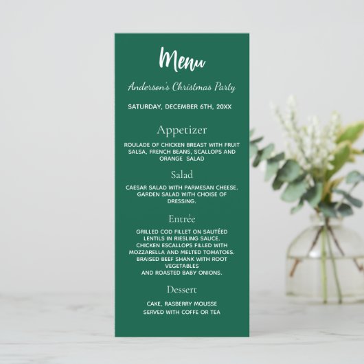 menu de dîner de fête de Noël vert blanc (Debout devant)