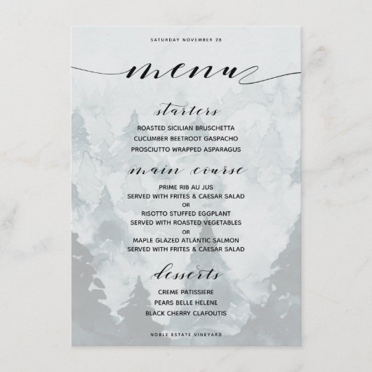 Menu de dîner de la forêt enneigée en hiver (Devant)