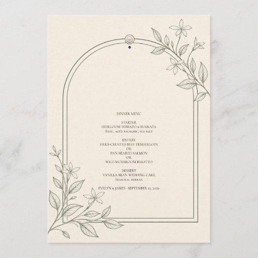 Menu de dîner de mariage à arche botanique moderne (Devant)