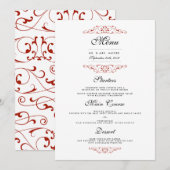 Menu de dîner de mariage à flourish rouge élégant (Devant / Derrière)