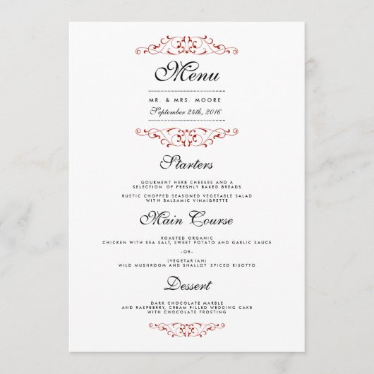 Menu de dîner de mariage à flourish rouge élégant (Devant)