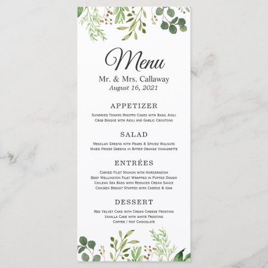Menu de dîner de mariage à la verdure d'eucalyptus (Devant)