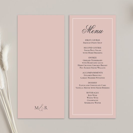 Menu de dîner de mariage écriture rose poudrée