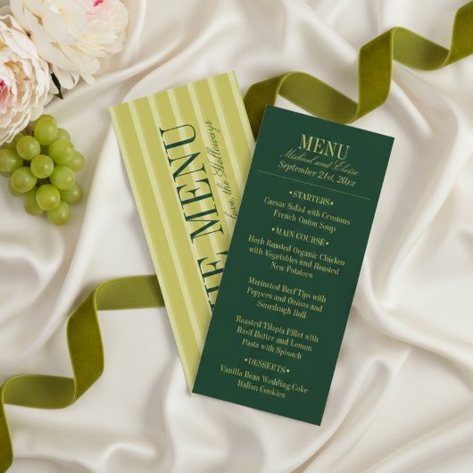 Menu de dîner de mariage élégant à rayures vert ch