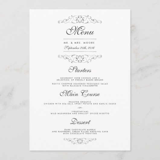 Menu de dîner de mariage en argent antique orné (Devant)