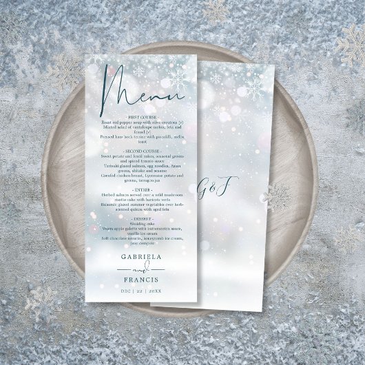 Menu de dîner de mariage enneigé de conte de fées