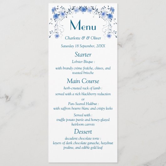 Menu de dîner de mariage floral à l'aquarelle bleu (Devant)